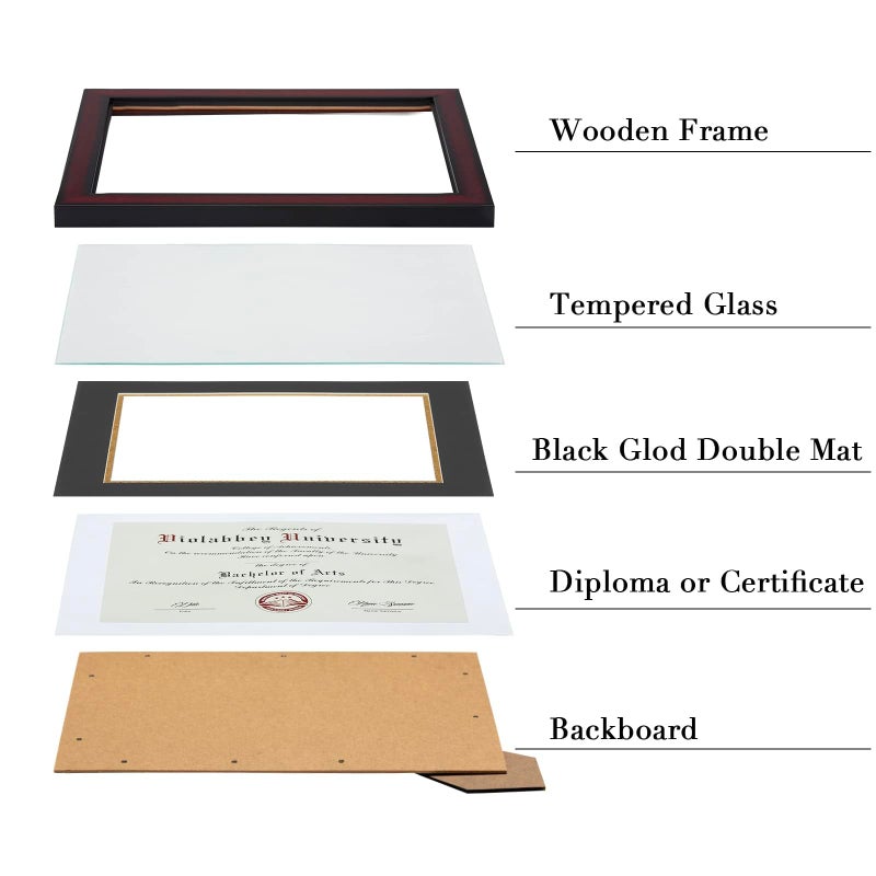 VIOLABBEY 8.5x11 Diploma Frame Solid Wood |Fits 8.5x11 with Black Gold Double Mat or 11x14 Documents&Certificates without mat, Tempered Glass, Cherry Frame for Wall or Tabletop Display - Image 4